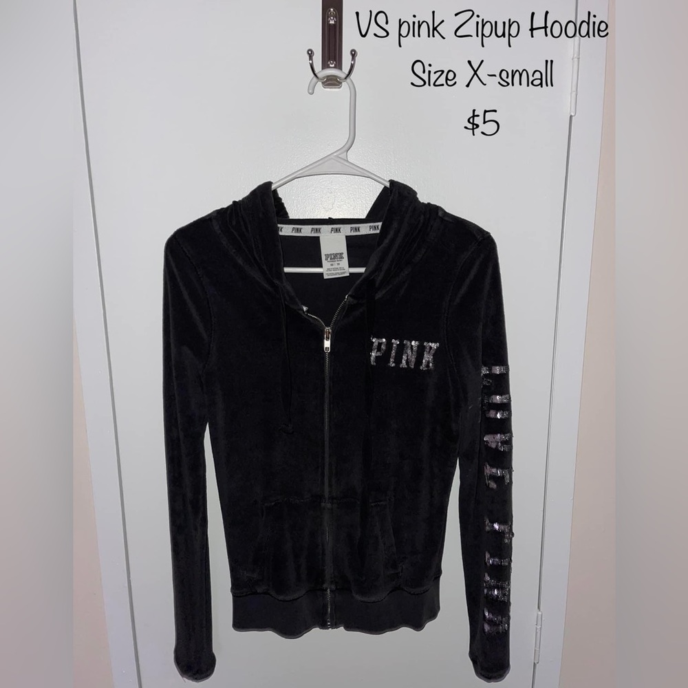 VS Pink Terry Cloth and Sequin Zip Up Hoodie